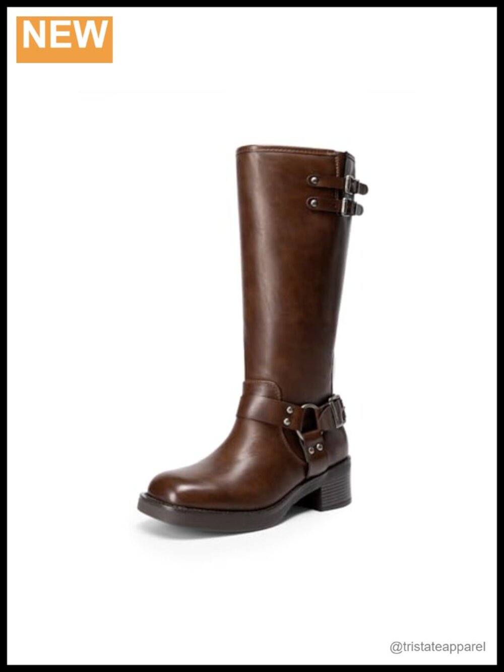 Faux Leather Moto Knee High Boots Square Toe Block Heel Side Zip
